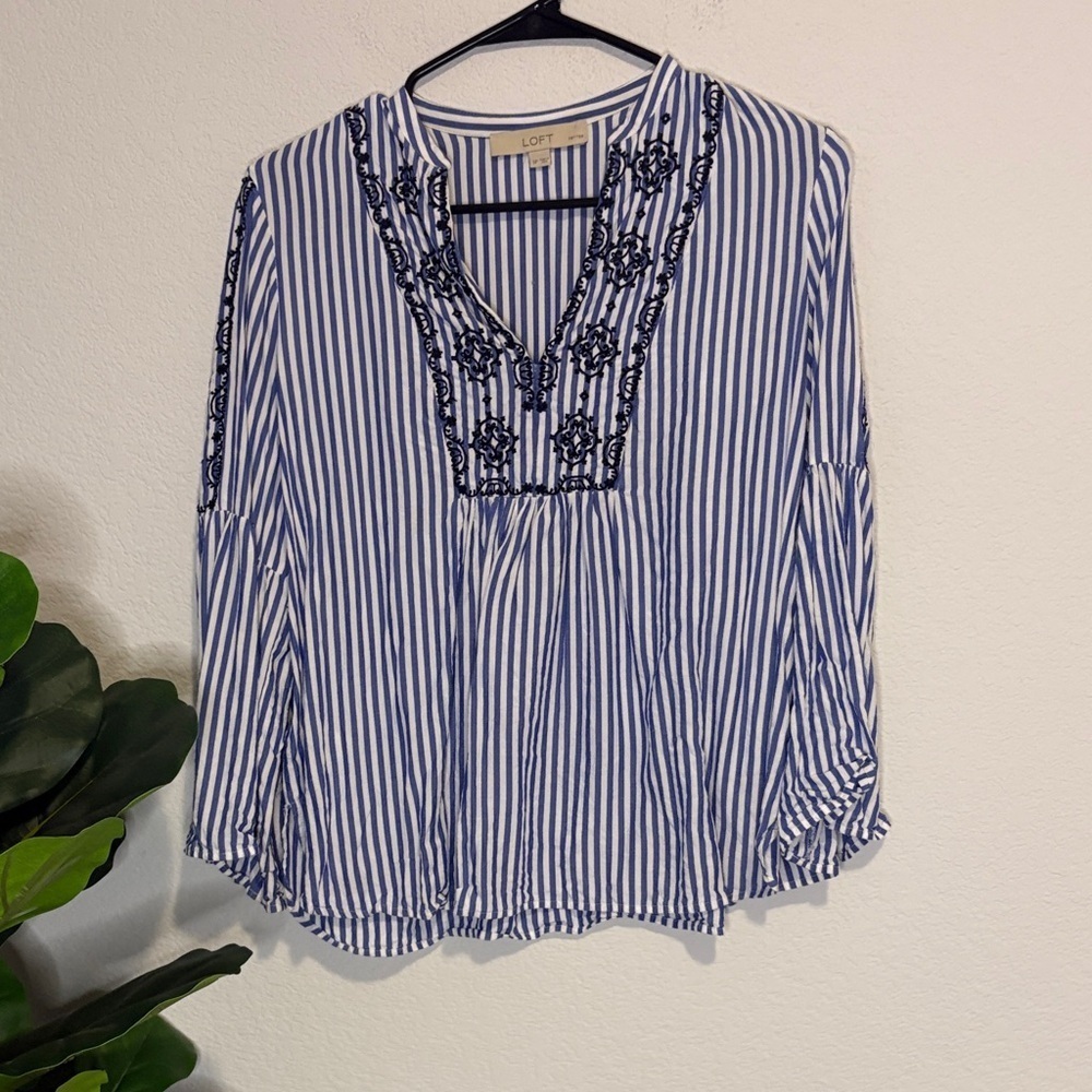 LOFT Blue and White Striped Embroidered Top with bell sleeves SP